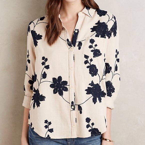 Anthropologie Tops - Anthropologie Shadowbloom Embroidered Floral Shirt